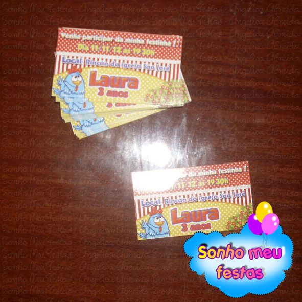 Convite tipo tag galinha pintadinha 4cm x 7cm