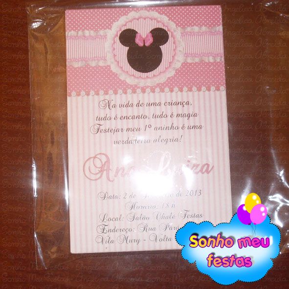 Convite minnie rosa 18cm x 12cm